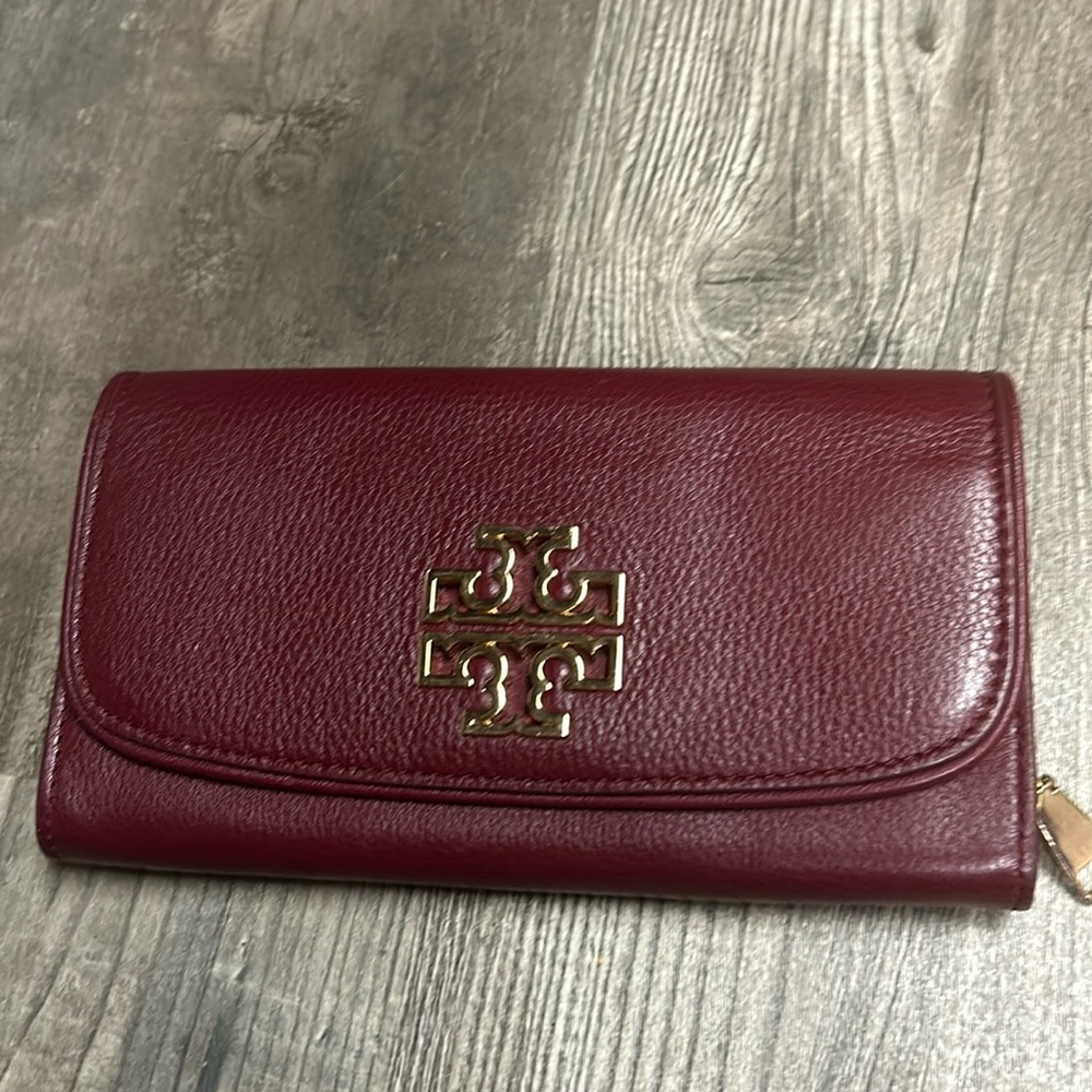 Tory Burch Burgundy Leather Logo Flap Continental Wallet